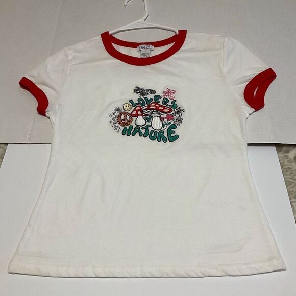 Vintage “Lovers of Nature” Baby Tee, M. Embroidered flowers, smiley faces and mu - Picture 1 of 6